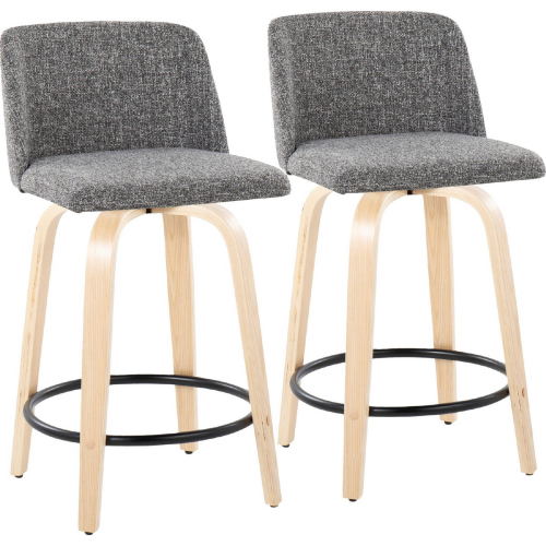 Toriano 24" Swivel Counter Stool in Natural Wood & Grey Noise Fabric w/ Black Footrest (Set of 2)